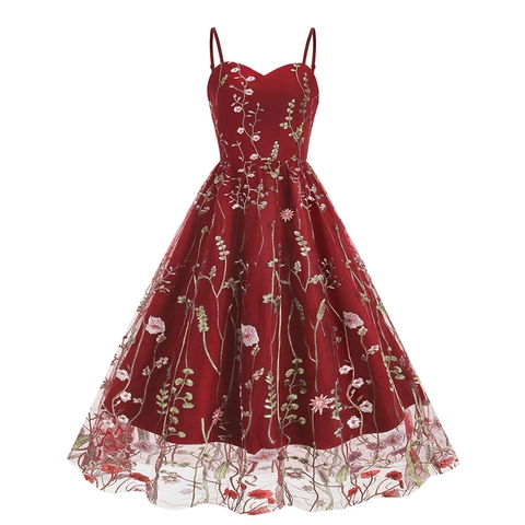 Women Vintage Floral Embroidered Mesh Cami Dress Elegant Retro A-Line Midi Dress For Wedding Party Cocktail Sleeveless Dress