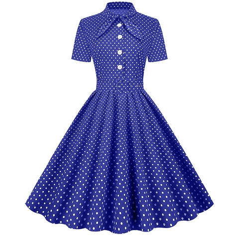 Robe Midi Vintage à Pois des Années 1950 pour Femmes Avec Ceinture Rétro Manches Courtes Nœud Trapèze de Fête