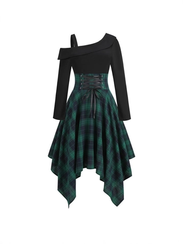 Γυναικείο Casual Πλαίντ Patchwork Gothic Midi Φόρεμα Μακρυμάνικο Off-Shoulder Ακανόνιστο Στρίφωμα Φόρεμα Με Corset Lace-Up