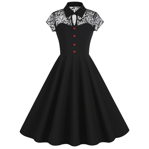 Γυναικείο Βίντατζ Φόρεμα Hepburn 1950s A-Line Πλέγμα Patchwork Κουμπιά Καρδιά Πουά Ανθικό Φύλλο Εκτύπωση Κοντό Μανίκι Πάρτι Midi