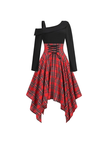 Γυναικείο Casual Πλαίντ Patchwork Gothic Midi Φόρεμα Μακρυμάνικο Off-Shoulder Ακανόνιστο Στρίφωμα Φόρεμα Με Corset Lace-Up