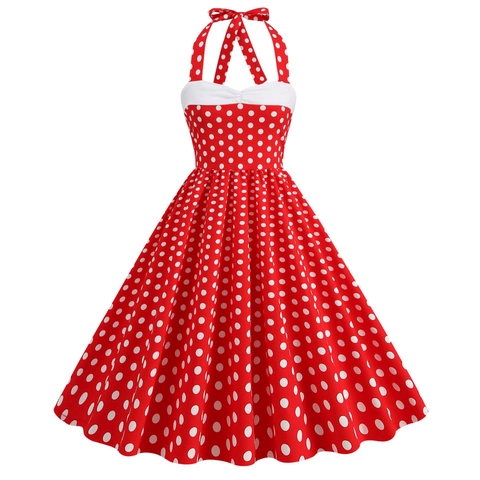Dames Vintage Polka Dot Halter Jurk Retro Elegant A-Lijn Midi Patchwork Strik Cocktail Party Jurk Katoenmix