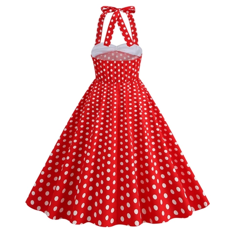 Dames Vintage Polka Dot Halter Jurk Retro Elegant A-Lijn Midi Patchwork Strik Cocktail Party Jurk Katoenmix