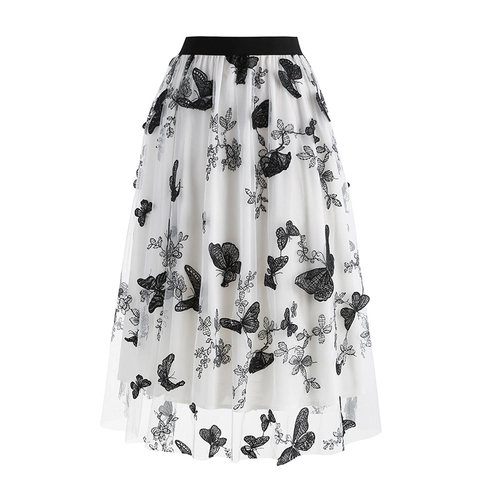 Women's Vintage Butterfly Embroidery Midi Mesh Skirt Elegant A-Line High Waist Double Layer Pleated Tulle Skirt Party Bottoms