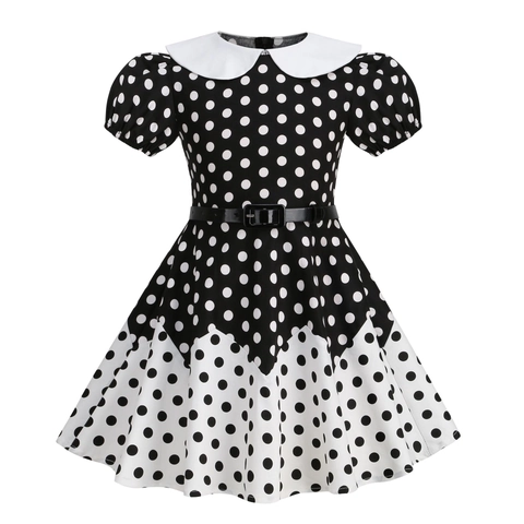 Vestido Retro de Lunares para Niñas Cuello Peter Pan Mangas Abullonadas Corte A Vestido de Fiesta Con Cinturón Niños Mezcla Algodón