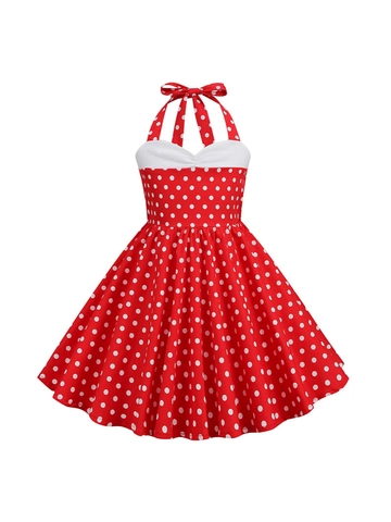 Mädchen Vintage Neckholder Punktiert Kleid Rockabilly Audrey Hepburn Stil Schleife Ausgestellt A-Linie Sommer Party Kleid