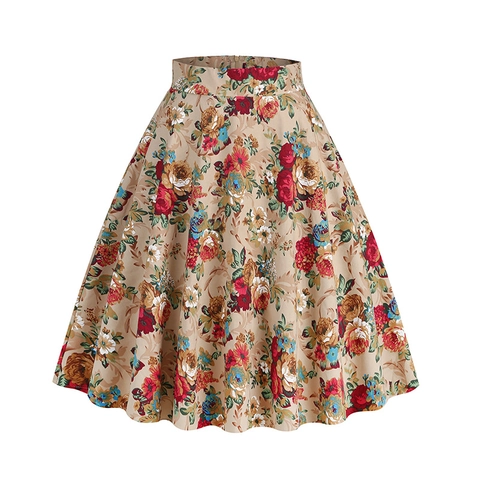 Vintage Floral A-Line Midi Skirt For Women High Waist Cotton Blend Hepburn Style Retro Printed Vacation Summer Skirt