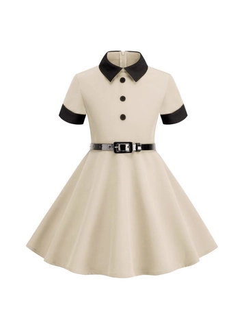 Girls Vintage Peter Pan Collar Short Sleeve A-Line Dress Contrast Color Dress With Belt For Kids School Party Outfits