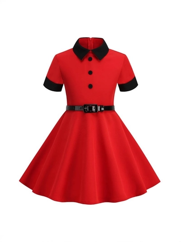 Girls Vintage Peter Pan Collar Short Sleeve A-Line Dress Contrast Color Dress With Belt For Kids School Party Outfits