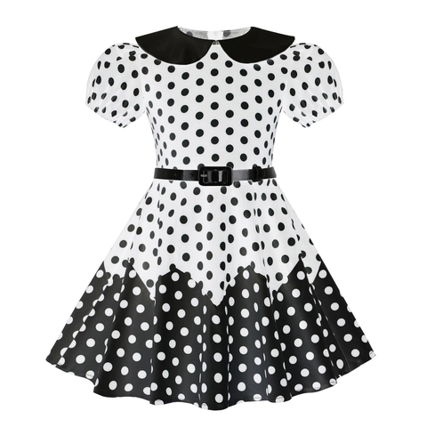 Vestido Retro de Lunares para Niñas Cuello Peter Pan Mangas Abullonadas Corte A Vestido de Fiesta Con Cinturón Niños Mezcla Algodón