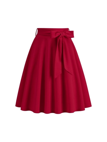 Women Vintage Hepburn Style High Waist Midi Skirt With Bow Belt Pockets A-Line Solid Color Polyester Pleated Skirt