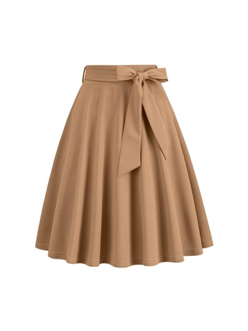 Women Vintage Hepburn Style High Waist Midi Skirt With Bow Belt Pockets A-Line Solid Color Polyester Pleated Skirt