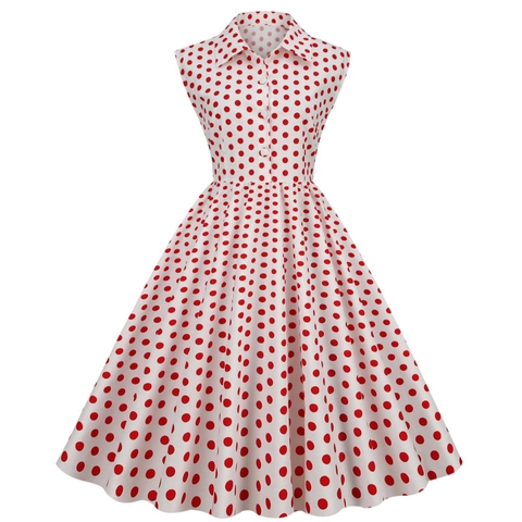 Vestido Swing Vintage Años 50 Con Lunares Para Mujer Sin Mangas Solapa Botones Frontales Línea A Rockabilly Cóctel Midi Algodón