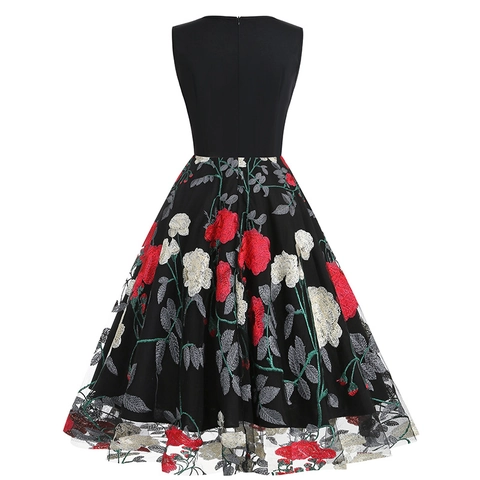 Vintage V-Ausschnitt Ärmellos Blumen Bestickt Netz Patchwork Midi Kleid Audrey Hepburn Stil A-Linie Abendkleid Damen