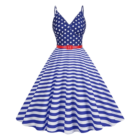 Abito Vintage da Donna per il Giorno dell'Indipendenza anni '50 Rockabilly Halter Scollo a V Stelle Strisce Stampa Linea A Midi