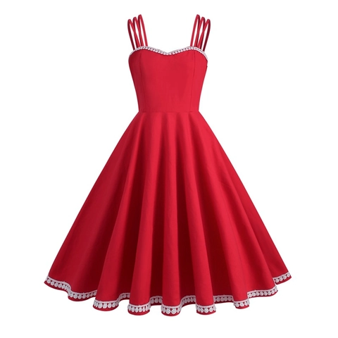 Vestido Vintage de Color Sólido con Tirantes para Mujer Estilo Retro Audrey Hepburn Corte A Swing Midi con Ribete de Encaje