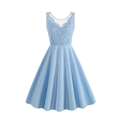 Vintage Elegantes Damen V-Ausschnitt Ärmelloses Spitzen Patchwork Midi Kleid Für Party Hochzeit Bankett A-Linie Plissee Kleid