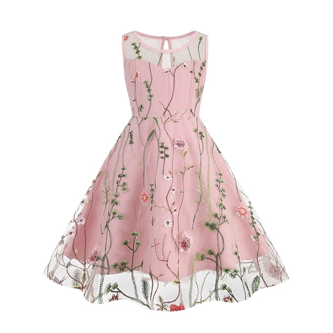 Mädchen Ärmelloses Prinzessinnenkleid Blumenstickerei Netz Tüll Party Hochzeit Geburtstag A-Linien Kleid Für Kinder Sommerkleid