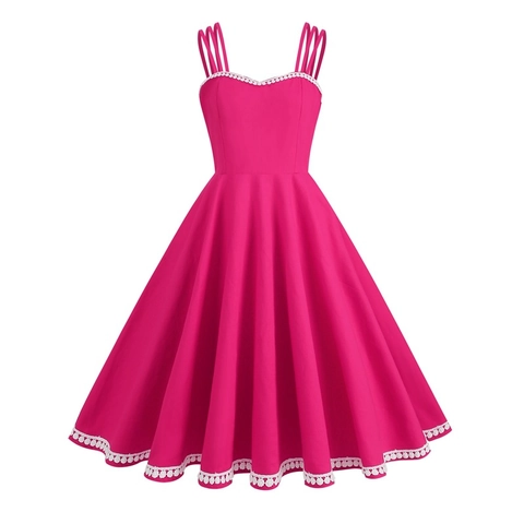Vestido Vintage de Color Sólido con Tirantes para Mujer Estilo Retro Audrey Hepburn Corte A Swing Midi con Ribete de Encaje