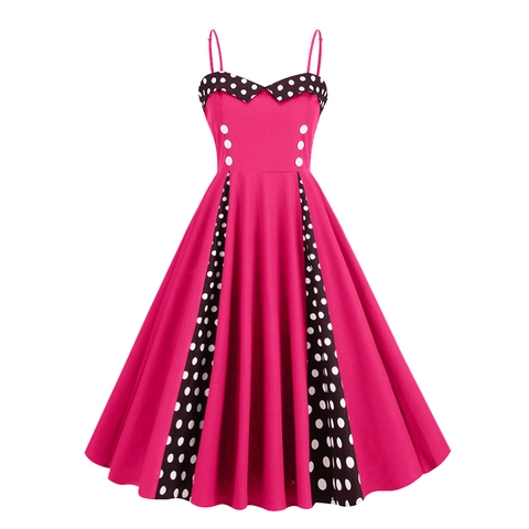 Dames Vintage Hepburn Stijl Polka Dot Patchwork A-Lijn Swing Jurk Spaghetti Bandjes Double Breasted Katoenen Midi Party Jurk