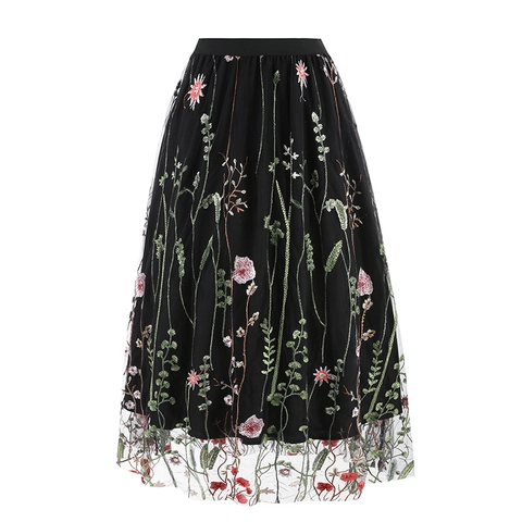 Damen Vintage 50er Netz Blumen Stickerei Midi Rock Hohe Taille A-Linie Tüllrock Party Hochzeit Bankett Rock