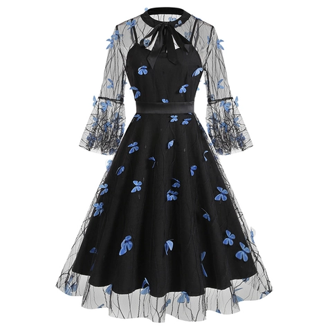Women Retro Gothic Mesh Embroidery Dress Vintage Bow Tie Neck Flare Sleeve A-Line Party Gown Halloween Dress