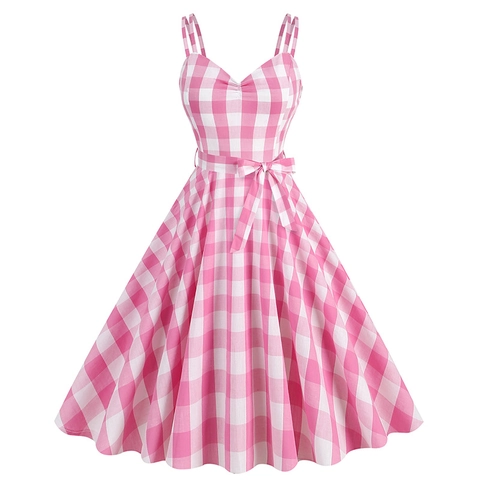 Women Vintage Pink Gingham Plaid Dress Sweetheart Neckline Spaghetti Strap A-Line Midi Party Dress With Bow Belt Retro Style