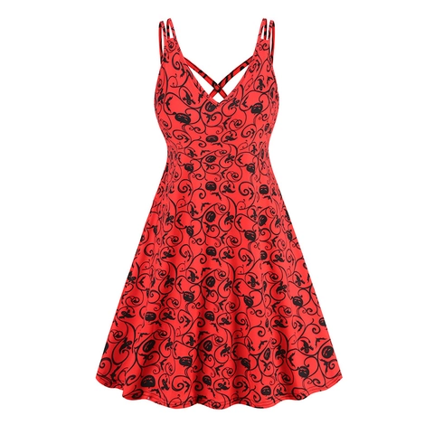 Women Halloween V Neck Sling A-Line Dress Gothic Pumpkin Bat Skull Ghost Print Sleeveless Cross Strap Party Dress