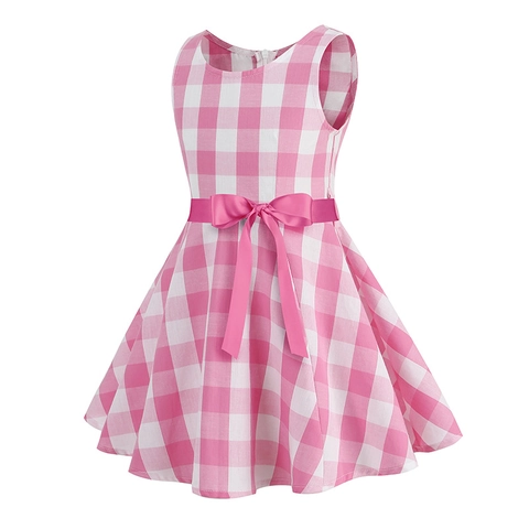 Abito da Principessa Senza Maniche a Quadretti Gingham Vintage per Bambina con Fiocco in Vita Abito a Linea A per Festa Estiva
