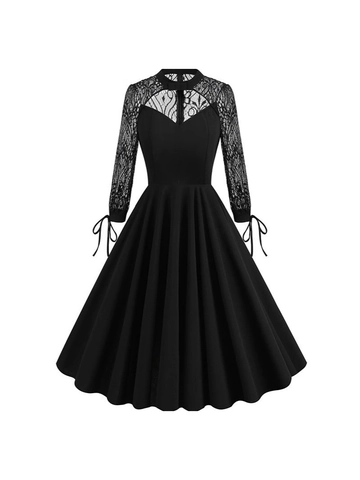 Vestido de Línea A Estilo Hepburn Retro para Mujer con Empalme de Encaje Sexy Calado sin Espalda de Manga Larga Vestido de Fiesta Midi