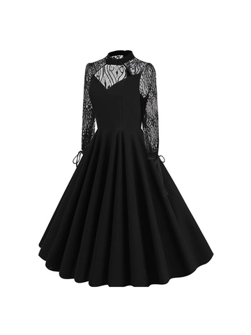 Vestido de Línea A Estilo Hepburn Retro para Mujer con Empalme de Encaje Sexy Calado sin Espalda de Manga Larga Vestido de Fiesta Midi