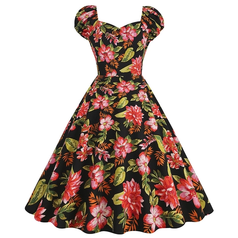 Vintage Floral Print Puff Sleeve A-Line Dress For Women Hepburn Style Elegant Heart Neck Party Swing Midi Dress