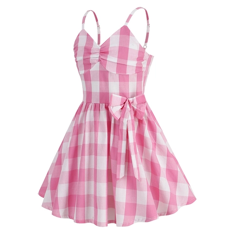 Vestito Estivo a Quadretti Rosa per Bambine Abito da Principessa a Trapezio Senza Maniche con Fiocco per Feste Estive