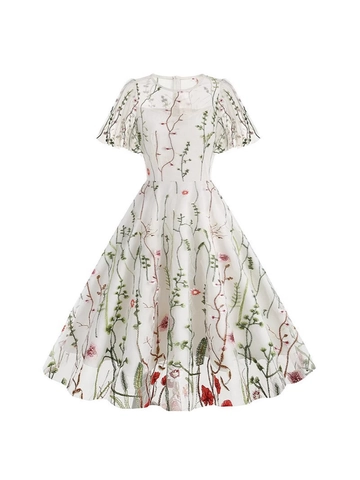 Women Vintage Floral Embroidery Mesh A-Line Midi Dress Round Neck Short Flutter Sleeve Elegant Party Evening Cocktail Dress
