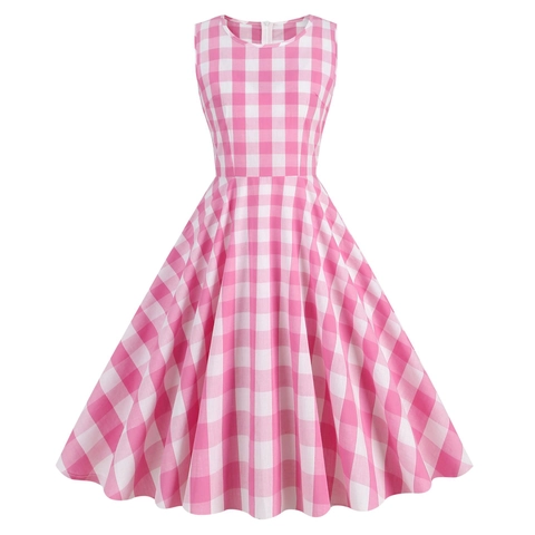 Vintage Gingham Mouwloze Midi-Jurk Met Ronde Hals A-Lijn Roze Hepburn Stijl Retro Plaid Zomerjurk Voor Dames
