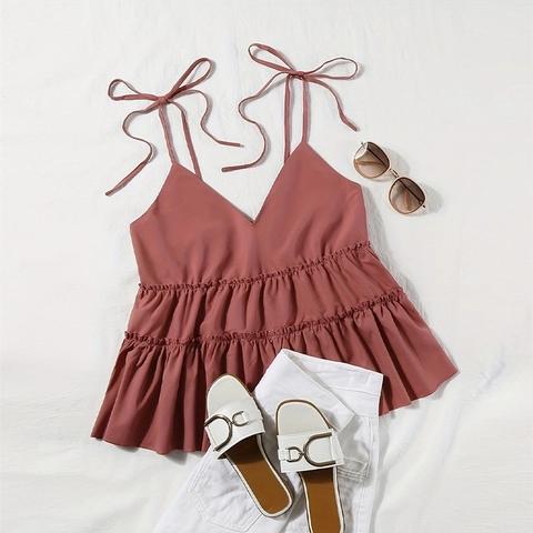 Top de Tirantes con Volantes Escalonados para Mujer Cuello en V Tirantes con Lazo Sin Mangas Color Sólido Top de Verano