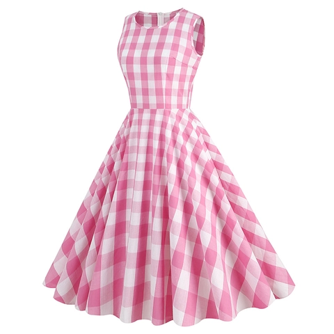 Vintage Gingham Mouwloze Midi-Jurk Met Ronde Hals A-Lijn Roze Hepburn Stijl Retro Plaid Zomerjurk Voor Dames