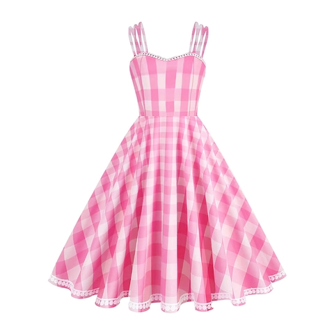 Vintage Dames Roze Gingham Cami Jurk Hepburn Stijl Kant Trapèze Swing Zomer Mouwloos Middellange Polyester Feestjurk