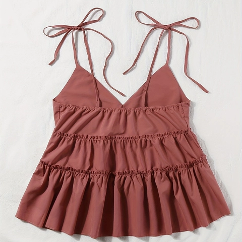 Top de Tirantes con Volantes Escalonados para Mujer Cuello en V Tirantes con Lazo Sin Mangas Color Sólido Top de Verano