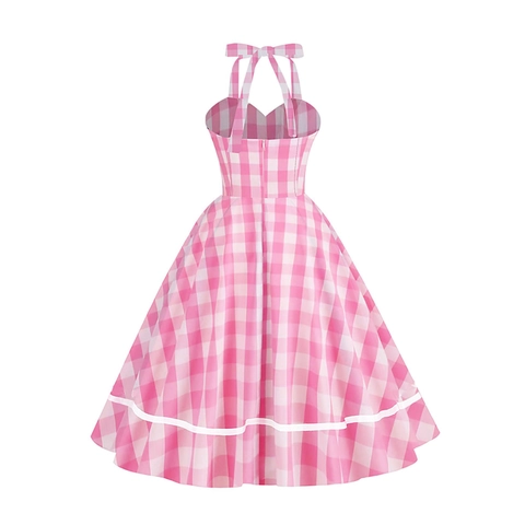 Robe Midi Vintage Dos Nu Femmes Rose Blanc Gingham Motif à Carreaux Coupe en A Sans Manches Robe d'Été pour Fête
