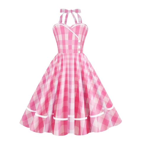 Robe Midi Vintage Dos Nu Femmes Rose Blanc Gingham Motif à Carreaux Coupe en A Sans Manches Robe d'Été pour Fête