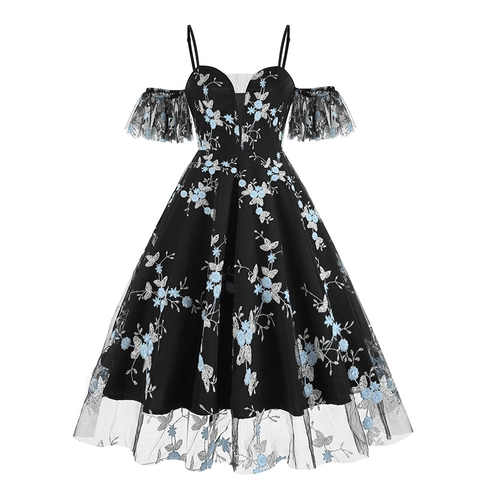 Vintage 50er Jahre Schulterfrei Blumenstickerei Netz Abendkleid Damen Elegant Träger Formelles Hochzeit Midi Kleid
