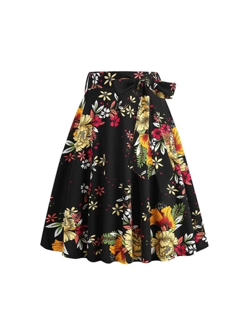 Gonna a Trapezio Vintage a Pois e Fiori da Donna Vita Alta Con Cintura a Fiocco Retrò Elegante Gonna a Ruota di Media Lunghezza Stampata