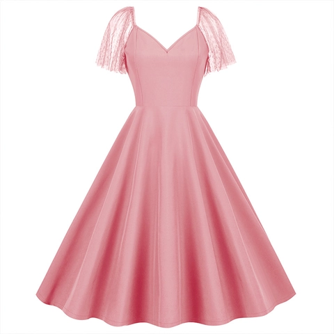 Vintage V Neck Mesh Polka Dot Sleeve A-Line Midi Dress Hepburn Style Retro Party Swing Dress For Women Polyester Gown