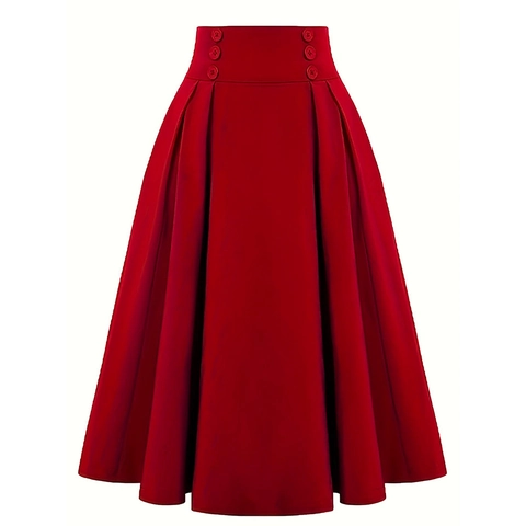 Jupe Midi en Ligne A à Taille Haute Rétro pour Femmes Élégante Jupe Évasée à Boutons Plissée Couleur Unie Jupe Décontractée pour Femme