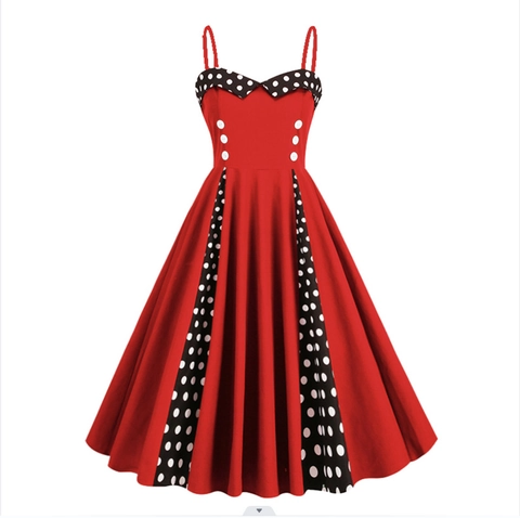 Dames Vintage Hepburn Stijl Polka Dot Patchwork A-Lijn Swing Jurk Spaghetti Bandjes Double Breasted Katoenen Midi Party Jurk