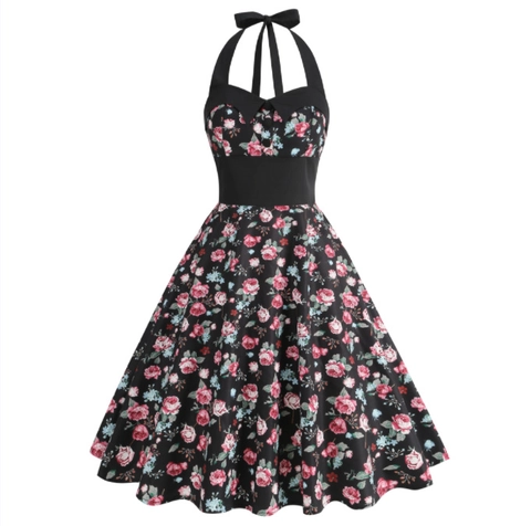Damen Vintage Retro Rosenblüten Druck Neckholder Kleid Elegant A-Linie Swing Tailliert Midi Party Kleid Polyester Vestidos