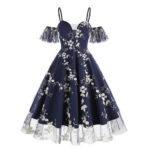 Vintage 50er Jahre Schulterfrei Blumenstickerei Netz Abendkleid Damen Elegant Träger Formelles Hochzeit Midi Kleid