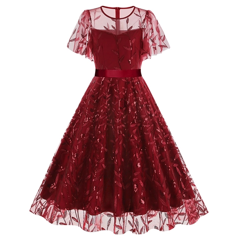 Vestido de Fiesta Vintage de Malla con Bordado de Hojas y Lentejuelas Elegante Cuello Redondo Midi Línea A con Cinturón