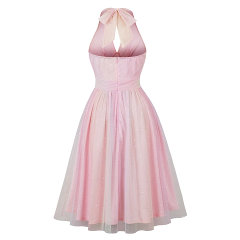 Vintage Rosa Farbverlauf Neckholder Pailletten Kleid Für Damen Retro Midi A-Linie Cocktailkleid Elegantes Ärmelloses Abendkleid Partykleid